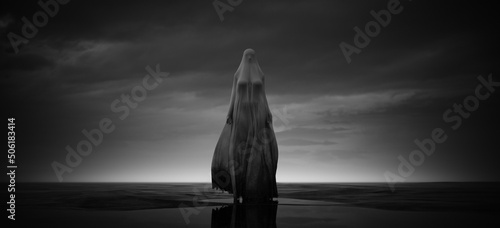 Obraz na płótnie Creepy Ghost Floating Woman Sheet Blowing in the Wind Wet Beach Dusk Paranormal