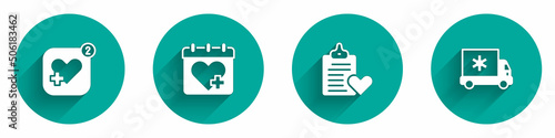 Set Mobile with heart rate, Doctor appointment, Patient record and Ambulance car icon with long shadow. Vector