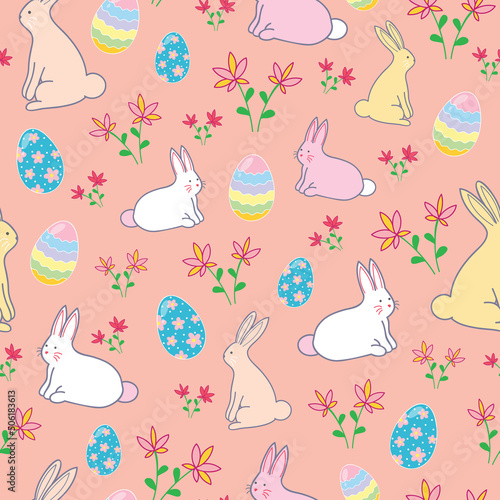 Easter pattern with bunnies eggs and flowers vector design