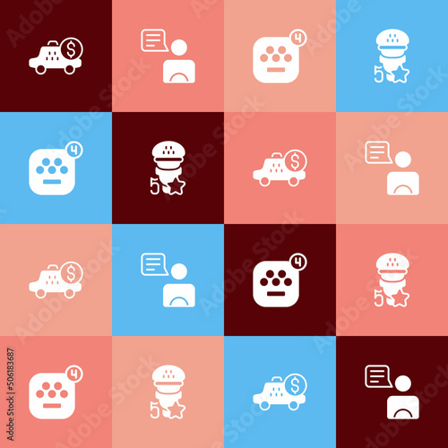 Set pop art Taximeter device, driver, mobile app and service rating icon. Vector