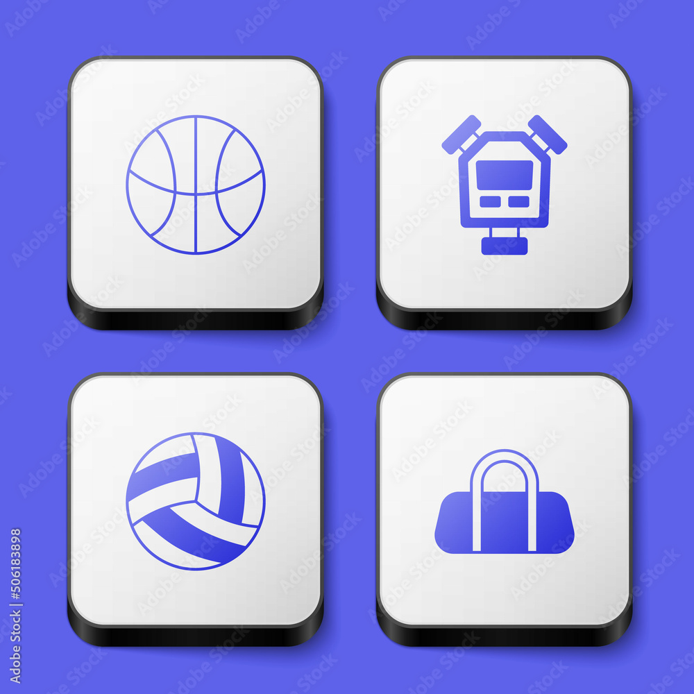Set Basketball ball, Stopwatch, Volleyball and Sport bag icon. White square button. Vector Set Basketball ball, Stopwatch, Volleyball and Sport bag icon. White square button. Vector