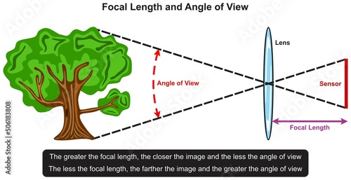 Focal length and angle of view infographic diagram relationship example tree in front of lens sensor photography physics mechanic dynamics science education vector chart illustration scheme photo