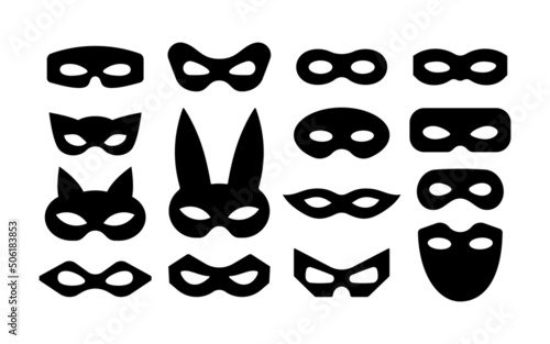 Mask superhero or carnival villain vector icon set. Black masquerade costume eye mask silhouette hidden person face. Simple design incognito party masque shape clip art illustration.