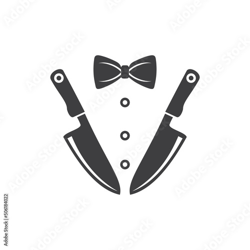 Bow Tie, Tuxedo, Knifes, Spoon Fork Restaurant Dinner logo design vector illustration