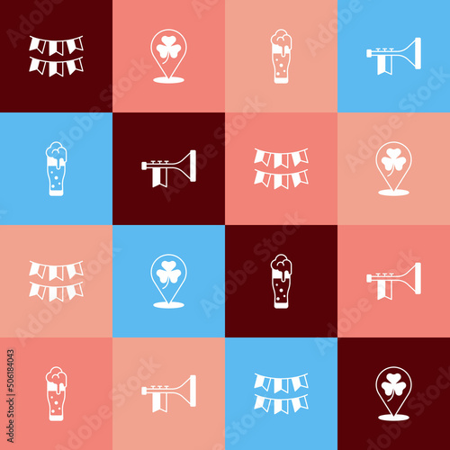 Set pop art Carnival garland with flags, Clover trefoil leaf, Glass of beer and Trumpet icon. Vector
