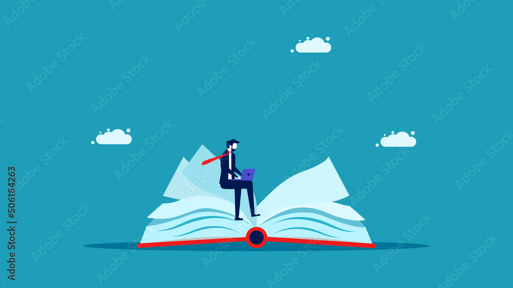 Knowledge creates success. Businessman working on a book. Business concept. vector illustration
