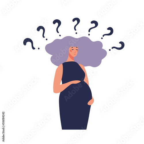 Pregnant woman and question marks around her. Concept illustration about the difficulties of pregnancy, problems and doubts, psychological support for motherhood, healthy childbearing. Flat vector