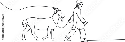 Single one line drawing Young muslim boy take a goat for sacrifice. Happy Eid Al Adha. Continuous line draw design graphic vector illustration.