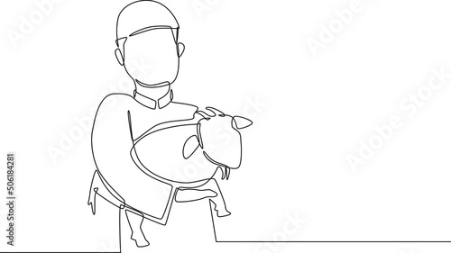 Single one line drawing Young muslim holding a goat in hand for sacrifice. Happy Eid Al Adha. Continuous line draw design graphic vector illustration.