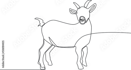 Single one line drawing a goat for sacrifice. Happy Eid Al Adha. Continuous line draw design graphic vector illustration.