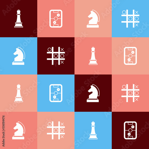 Set pop art Chess, Air hockey table, and Tic tac toe game icon. Vector