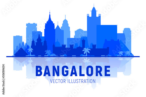 Bangalore( India ) skyline silhouette with panorama in white background. Vector Illustration. Business travel and tourism concept with modern buildings. Image for presentation, banner, web site.