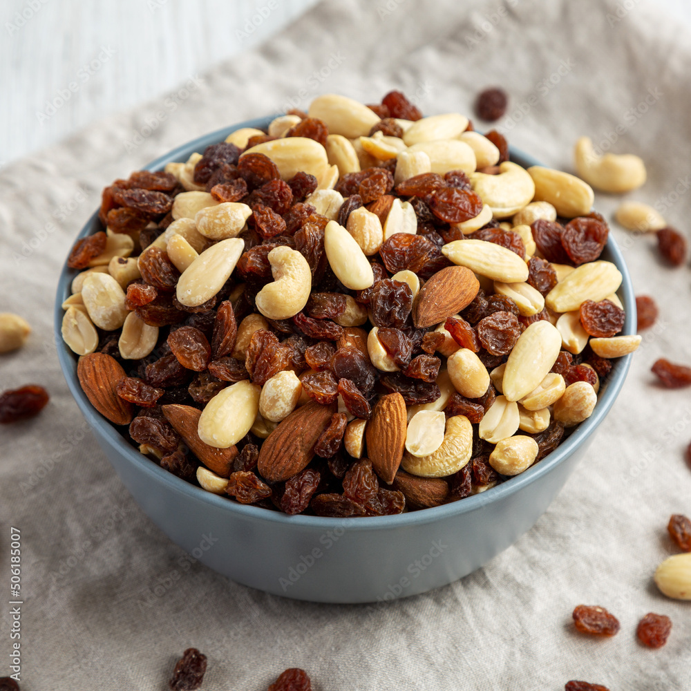 Raw Trail Mix with Nuts and Fruits in a Bowl, low angle view. Close-up. Raw Trail Mix with Nuts and Fruits in a Bowl, low angle view. Close-up.