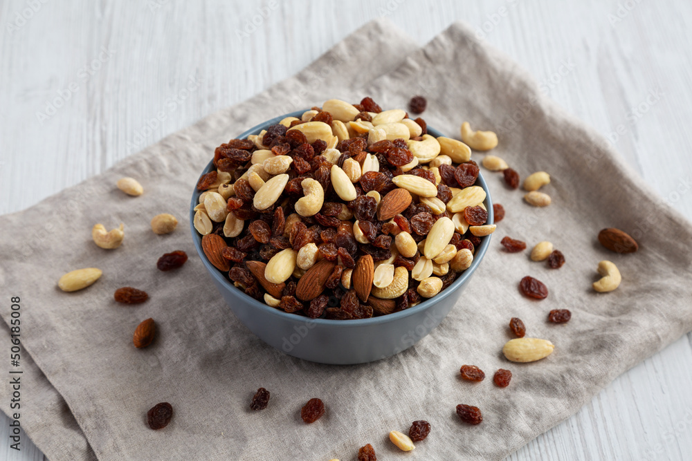Raw Trail Mix with Nuts and Fruits in a Bowl, side view. Raw Trail Mix with Nuts and Fruits in a Bowl, side view.