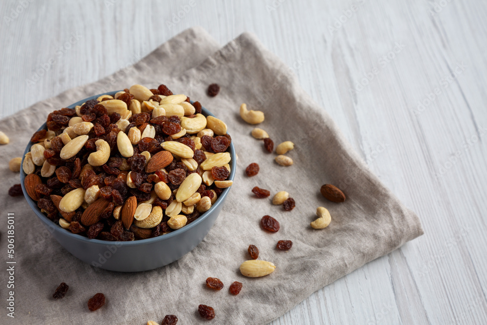Raw Trail Mix with Nuts and Fruits in a Bowl, side view. Copy space. Raw Trail Mix with Nuts and Fruits in a Bowl, side view. Copy space.