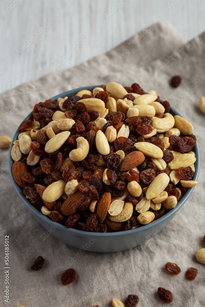 Raw Trail Mix with Nuts and Fruits in a Bowl, side view. Raw Trail Mix with Nuts and Fruits in a Bowl, side view.