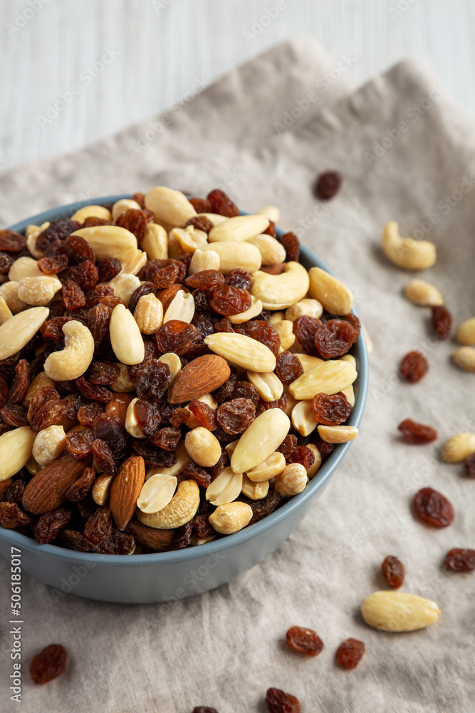Raw Trail Mix with Nuts and Fruits in a Bowl, side view. Raw Trail Mix with Nuts and Fruits in a Bowl, side view.
