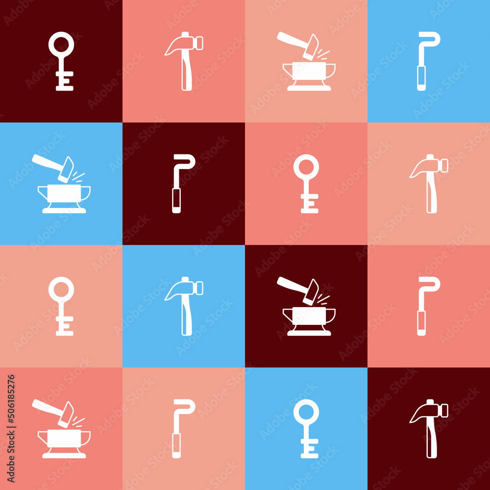 Set pop art Old key, Hammer, Anvil and hammer and Fire poker icon. Vector Set pop art Old key, Hammer, Anvil and hammer and Fire poker icon. Vector