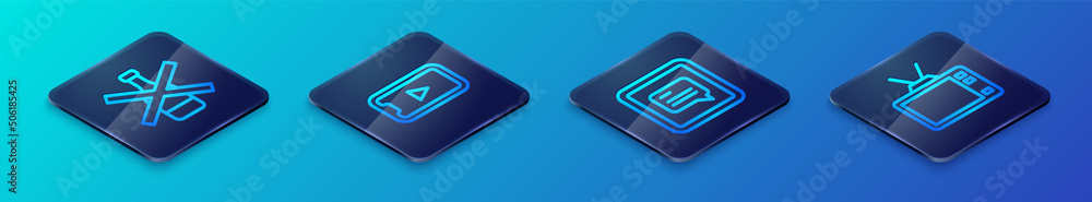 Set Isometric line Video with subtitles, No alcohol, Retro tv and Online play video icon. Vector Set Isometric line Video with subtitles, No alcohol, Retro tv and Online play video icon. Vector