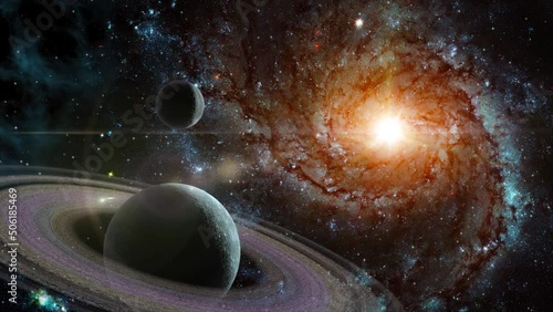 Space flight slowly moving through universe among planets galaxies stars and nebulae