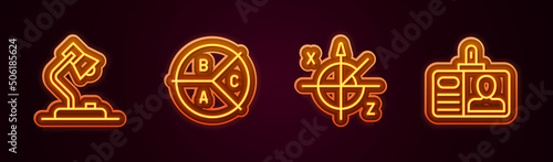 Set line Table lamp, Pie chart infographic, Trigonometric circle and Identification badge. Glowing neon icon. Vector