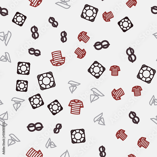 Set line Lifebuoy, Nautical rope knots, Yacht sailboat and Striped sailor t-shirt on seamless pattern. Vector