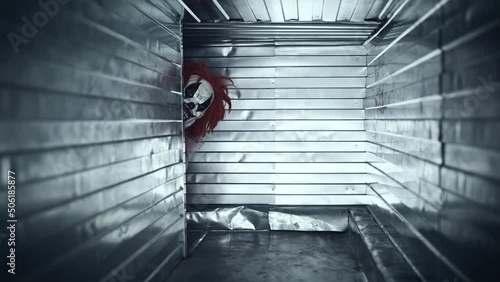 Scary clown attacks in a closed ventilation duct. Scary psychopath in a suit. photo