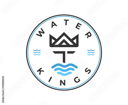 King Crown with Face Beard and Mustache Ocean Sea Wave logo design