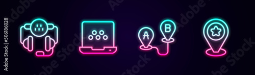 Set line Taxi call telephone service, mobile app, Route location and Location with star. Glowing neon icon. Vector