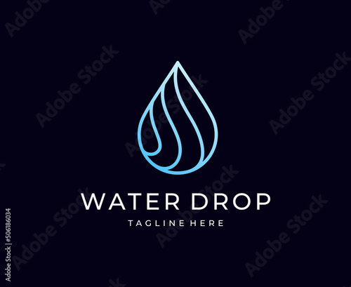 Water drop Logo design vector template Linear style. Blue Droplet lines aqua Logotype icon