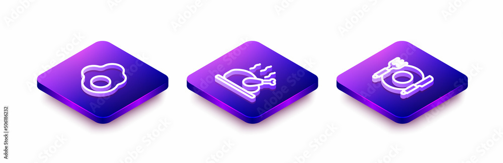 Set Isometric line Scrambled egg, Roasted turkey or chicken and Plate, fork and knife icon. Vector Set Isometric line Scrambled egg, Roasted turkey or chicken and Plate, fork and knife icon. Vector
