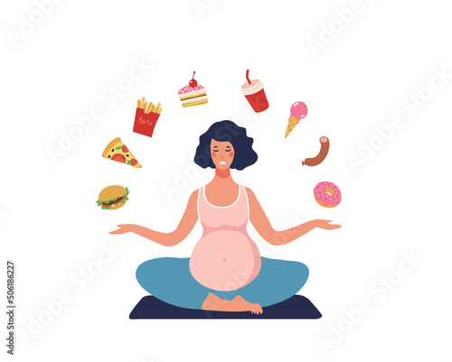 Unhealthy diet during pregnancy and lactation. Woman surrounded by fast food, sweets, soda. The concept of unhealthy food. Flat vector cartoon illustration isolated on white.