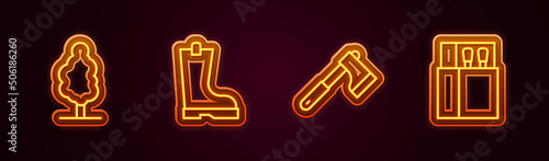 Set line Tree, Waterproof rubber boot, Wooden axe and Open matchbox and matches. Glowing neon icon. Vector