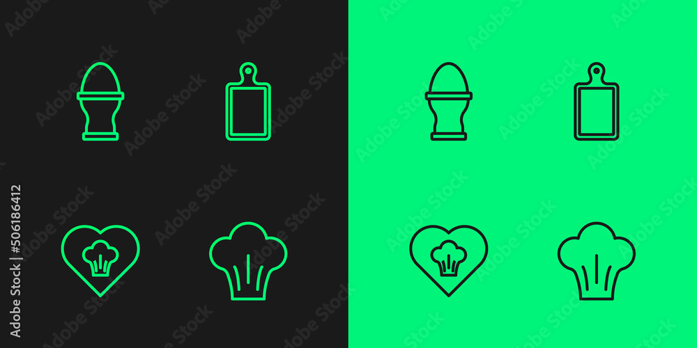 Set line Chef hat, Chicken egg on stand and Cutting board icon. Vector Set line Chef hat, Chicken egg on stand and Cutting board icon. Vector