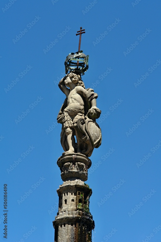 Little figure on the fountain column of the Largo do Paço in Braga, Norte - Portugal