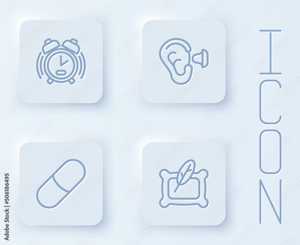 Set line Alarm clock, Earplugs and ear, Sleeping pill and Pillow. White square button. Vector Set line Alarm clock, Earplugs and ear, Sleeping pill and Pillow. White square button. Vector