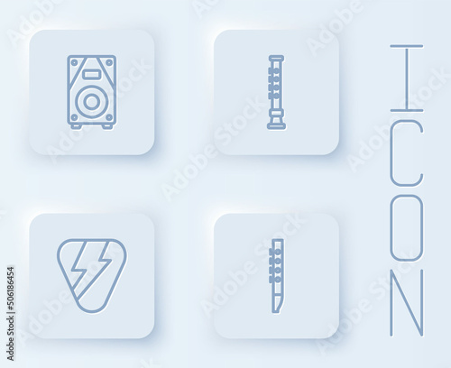 Set line Stereo speaker, Flute, Guitar pick and . White square button. Vector