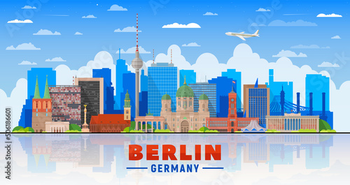 Berlin skyline on a background. Flat vector illustration. Business travel and tourism concept with modern buildings. Image for banner or web site.