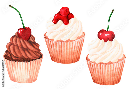 Cherry Cupcakes set. Watercolor illustration. Isolated on a white background. For design.