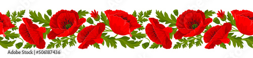 Horizontal seamless border with pattern of red poppy flowers  leaves and poppy seed pods on a white background. Vector illustration