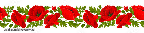 Horizontal seamless border with pattern of red poppy flowers, leaves and poppy seed pods on a white background. Vector illustration