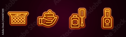 Set line Makeup powder with mirror, Shaving foam on hand, Bottle of nail polish and . Glowing neon icon. Vector