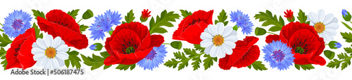Horizontal seamless border with pattern of red poppy flowers, blue cornflowers, white daisies, leaves and poppy seed pods on a white background. Vector illustration