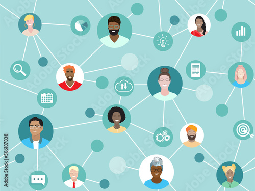 Corporate team working remotely online on project. Business web communication vector seamless pattern. Diverse employees work together, international network, virtual office, freelance project group.