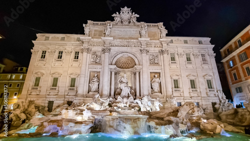Illuminated Trevi Fountain at night. Largest Baroque fountain in the city. Famous fountain in the world located in Rome (Roma), Lazio, Italy, EU Europe. Fontana di Trevi in the Trevi district