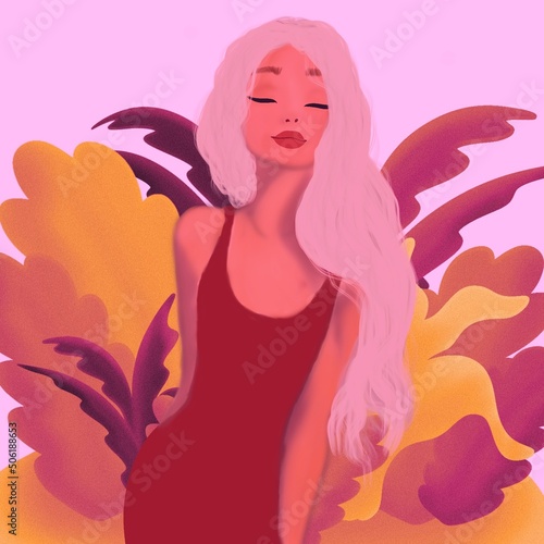 Girl on a background of bright leaves.Beautiful bright leaves and bushes.Smooth gradient on leaves.Beautiful cartoon girl in a dress.Beautiful girl in a dress on a background of leaves and plants