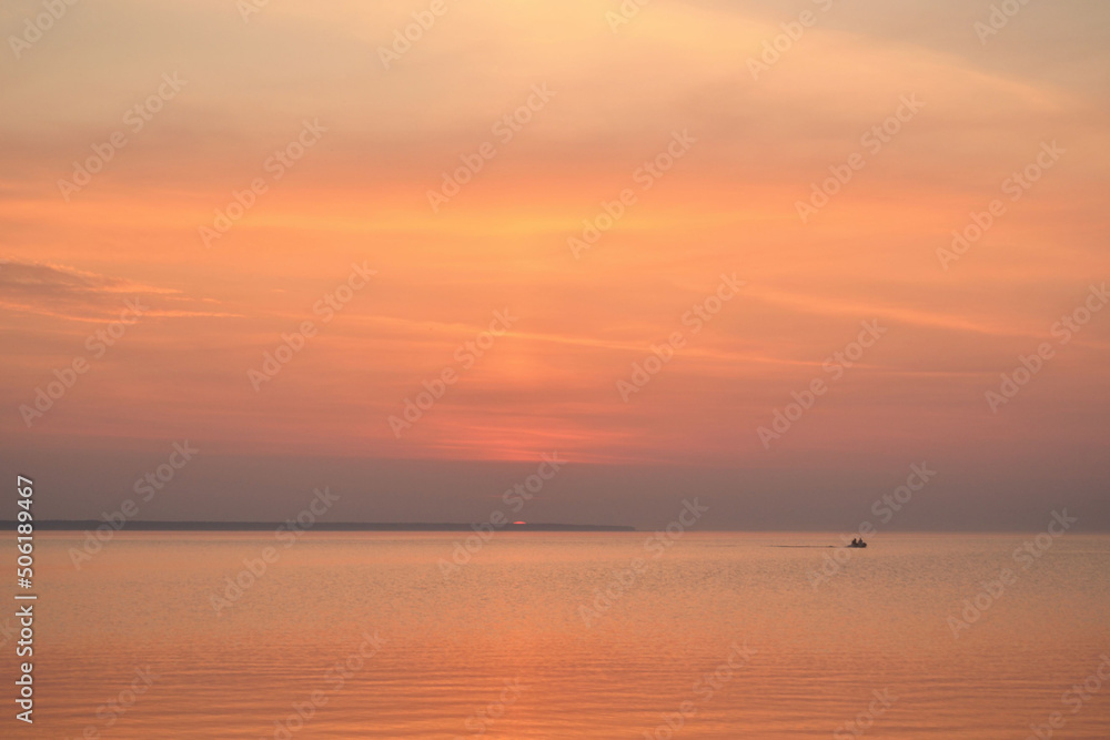 Colorful summer orange sunset at sea. 
