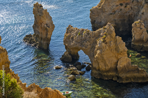 Panoramic view with Cliff, rocks and emerald sea at Ponta da Piedade near Lagos, Algarve, Portugal