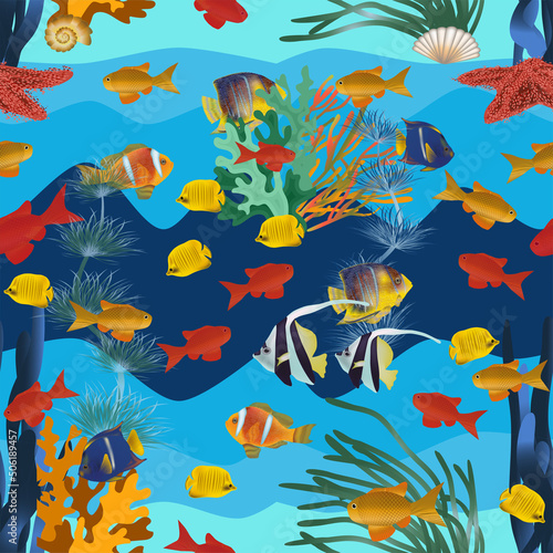 Seamless pattern, underwater background with tropical fish. vector illustration