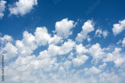 Scattering cumulus and altocumulus clouds in the summer sky on a hot sunny day. Beautiful background, texture.